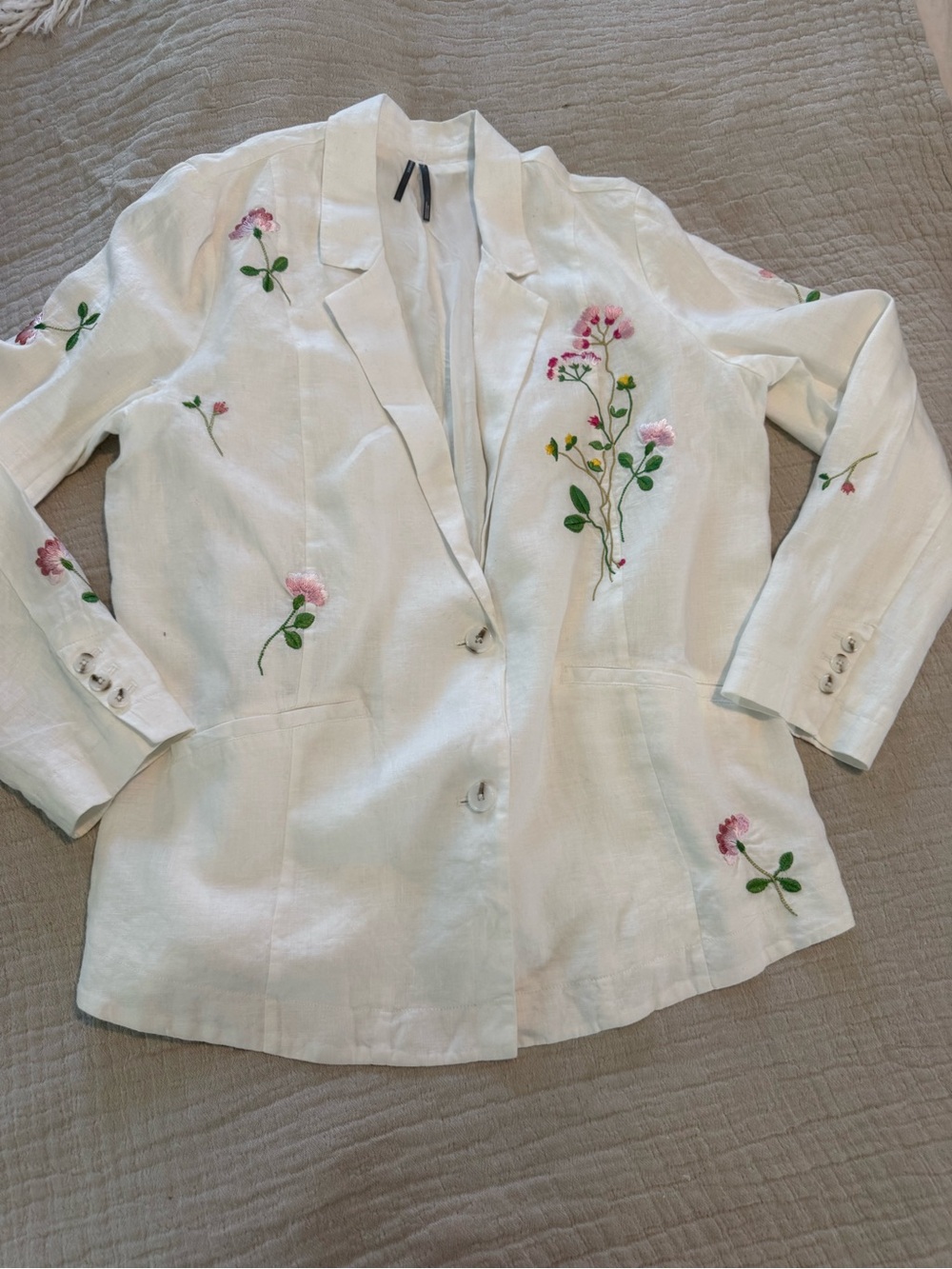 Anthropologie Embroidered Floral White Linen Blazer Jacket EUC 0962